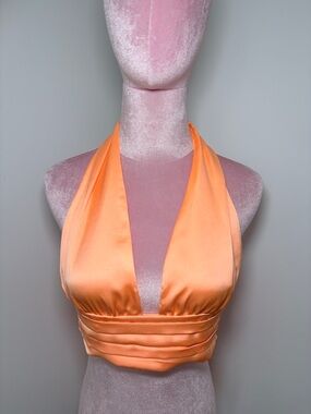 Zara Satin Halter Crop Top in Peach XS